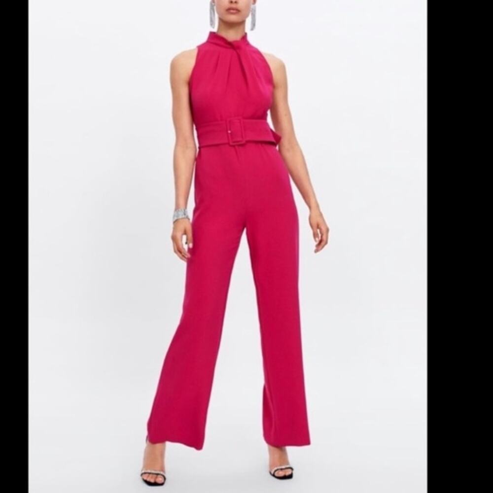 Zara Crepe Dressy High Neck Classy Feminine Belted Jumpsuit Women's Size Small
